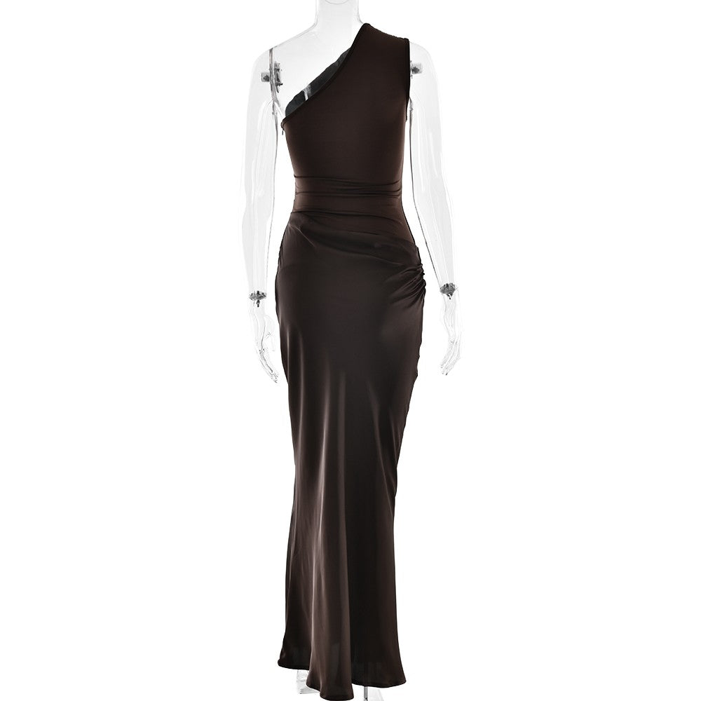 JULISSA MO Patchwork Satin Sexy One Shoulder Women Maxi Dress Brown Sleeveless E