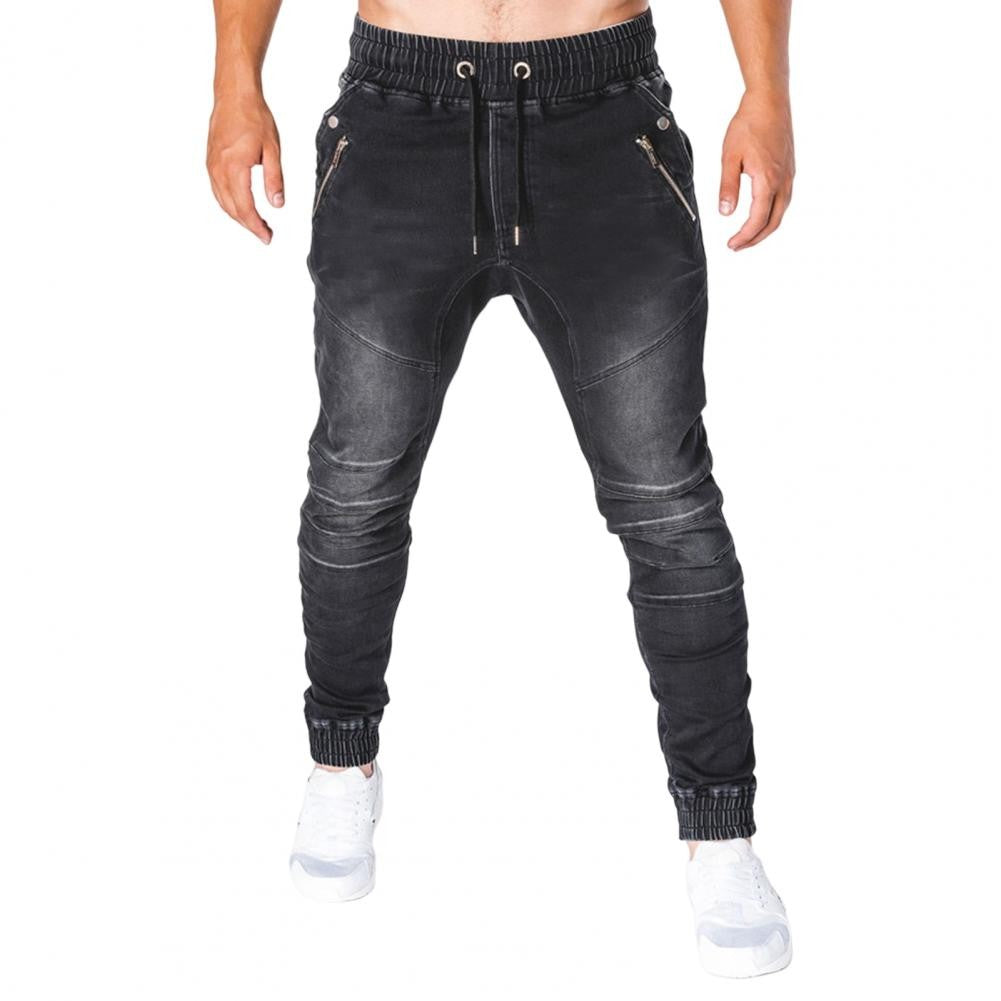 Men Jeans Slim Male All Match Ankle Tied Lace-up Denim Pants   Denim Pants  for Work
