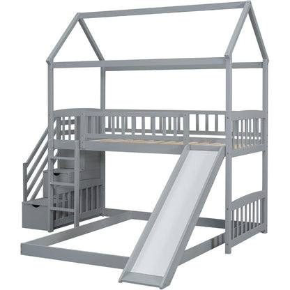 House Bunk Bed with Slide and Stairs, Twin Over Full Bunk Bed with Storage and Steps, Wood Playhouse Bunk Bed for Kids