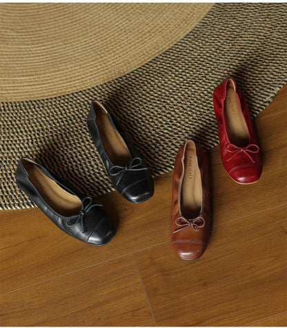 Mary Jane Women Loafers Hand Stitch Casual Streetwear Ballet Flats Soft Sole Solid Color Women Shoes Comfy Round Head Bow Shoes