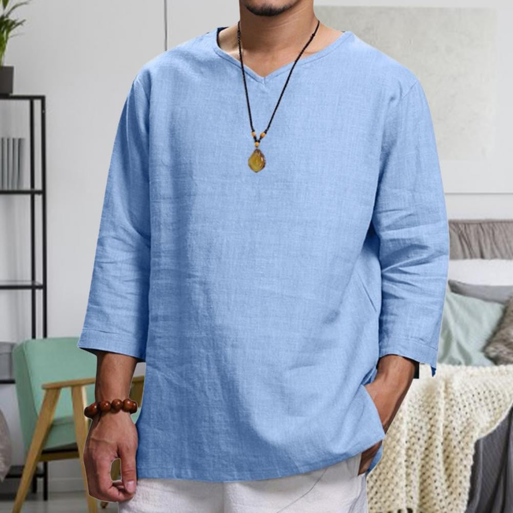 Cotton And Linen Men New 3/4 Sleeve Loose Solid Casual Large Pullover Shirt Leisure Summer Spring Long Sleeves Men Casual Shirt