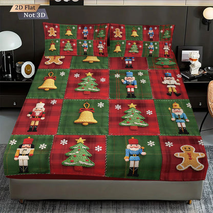 Conjunto de 3 peças de lençol sem elástico com estampa de Natal e emenda de tecido, vários tamanhos, colcha macia, decoração de quarto, lavável à máquina