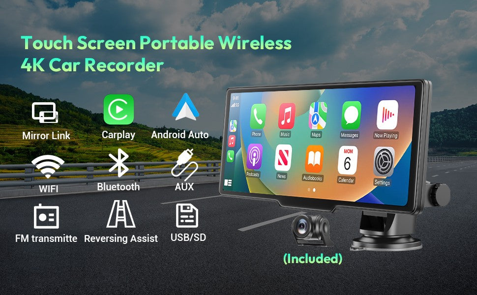 Gravador de vídeo automotivo DVR com tela sensível ao toque de 10,26" 4K, Apple CarPlay sem fio, Android Auto, lente dupla, câmera dupla DVR