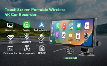 Gravador de vídeo automotivo DVR com tela sensível ao toque de 10,26" 4K, Apple CarPlay sem fio, Android Auto, lente dupla, câmera dupla DVR