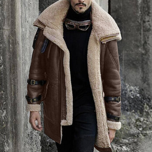 New Fashion Winter Warm Thick Fleece Bomber Jackets Business Clothing Porcket Lapel Long Sleeve Padded Leather Coats For Men