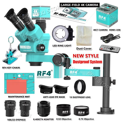 RF4 Microscópio Trinocular Estéreo Rotação 360° com Braço Articulado Suporte de Campo Amplo Câmera HDMI 4K Reparo de Solda de Placa PCB de Celular
