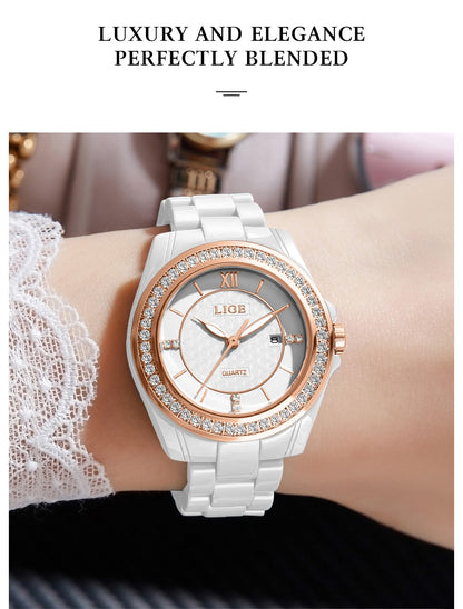 LIGE Fashion Quartz Watch for Women Stainless Steel Ceramics Strap Waterproof Women's Watches Elegant Luxury Ladies Wristwatch