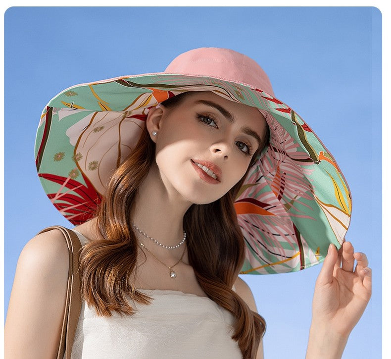 Chapéu Feminino de Verão Dupla Face com Aba Larga Proteção Solar Flor Praia Elegante Ao Ar Livre Protetor Solar Atacado Novo