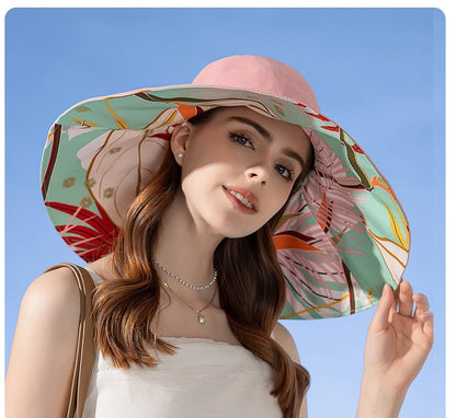 Chapéu Feminino de Verão Dupla Face com Aba Larga Proteção Solar Flor Praia Elegante Ao Ar Livre Protetor Solar Atacado Novo