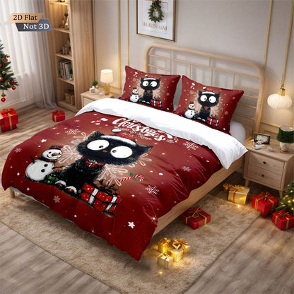 3pcs Christmas Cute Black Cat Print Choreless Bedding Set Multiple Size Bedroom Bedding Holiday Decoration Machine Washable
