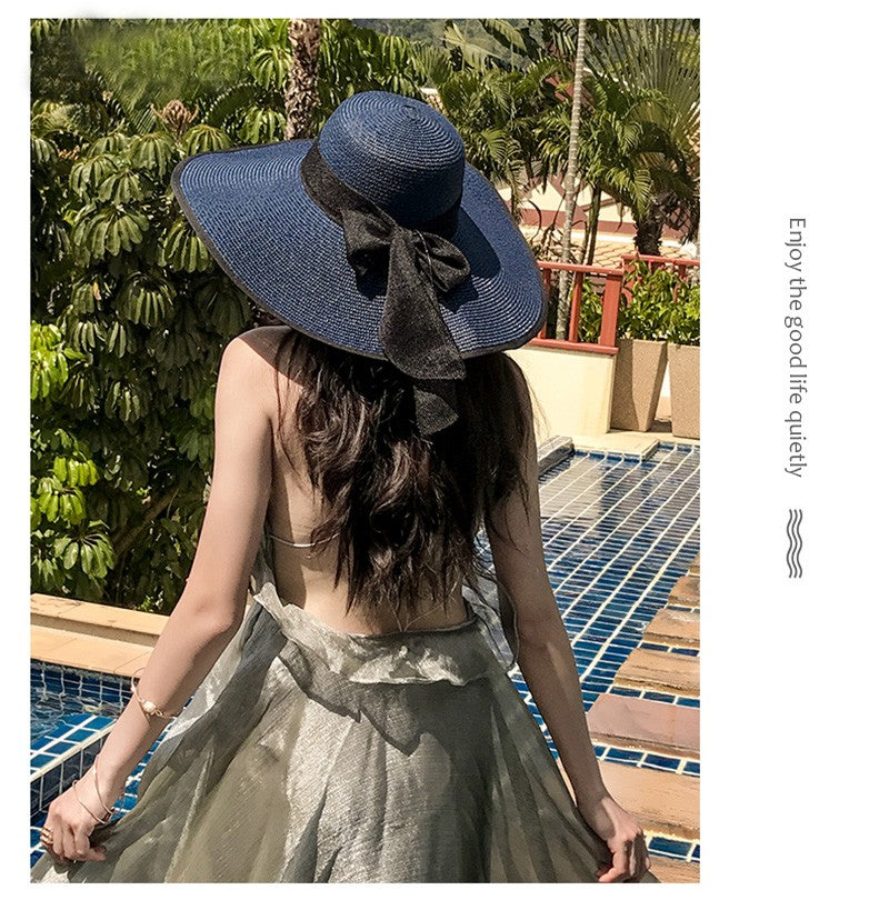 Women Summer Beach Travel Straw Hat Korean Seaside Big Hat Brim Sunblock Sunshade Holiday Foldable Fashion Big Cool Hat