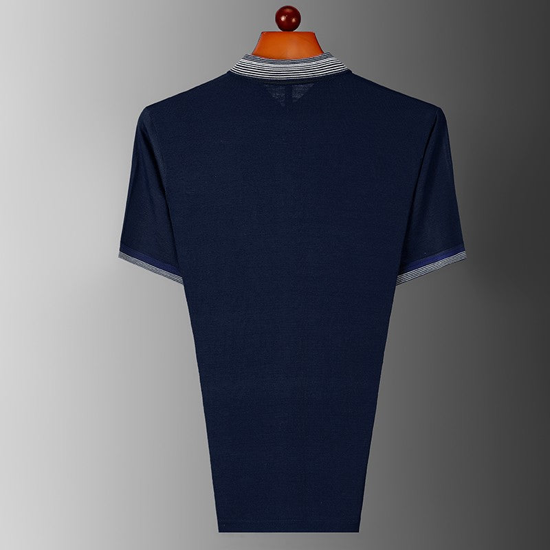 Summer men's short sleeved pure cotton lapel T-shirt polo shirt, middle-aged and elderly loose casual striped T-shirt