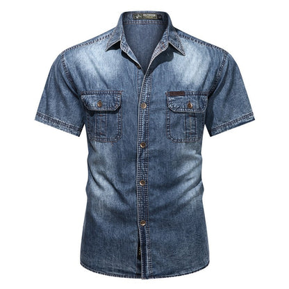 2023 Summer Denim Shirt Men Short Sleeve Cotton Outdoor Cargo Shirts High Quality Streetwear Blouses Cowboy Shirt For Men Blue