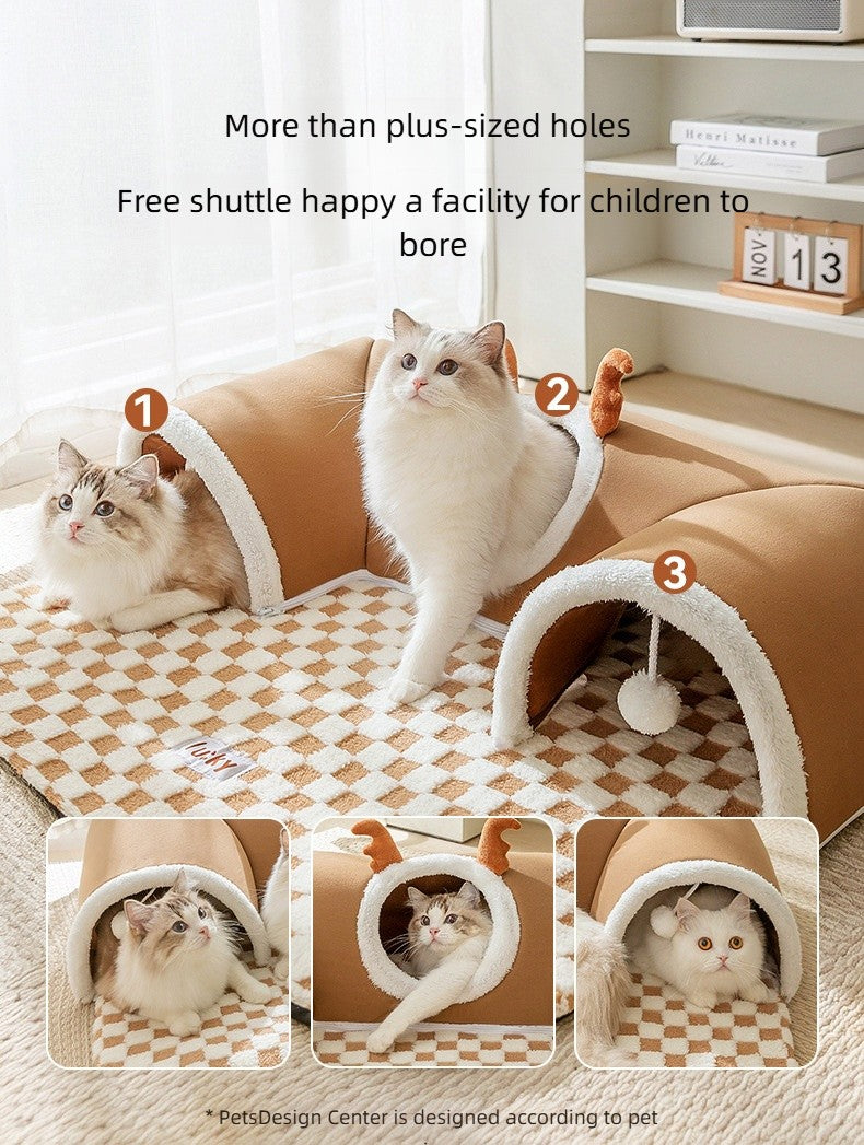 Cama de Gato de Pelúcia Quente de Inverno com Aparência de Rena Esconderijo Túnel para Gatos Brincar e Dormir Casa Integrada para Gatos Ninho para Animais de Estimação
