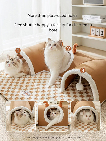 Cama de Gato de Pelúcia Quente de Inverno com Aparência de Rena Esconderijo Túnel para Gatos Brincar e Dormir Casa Integrada para Gatos Ninho para Animais de Estimação