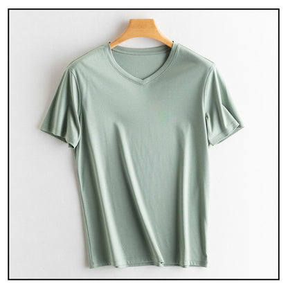 SuyaDream Mens Solid Tee Cotton Silk Blend Plain O neck Short Sleeved Cozy T Shirts 2025 Summer Simple Chic Top White Black