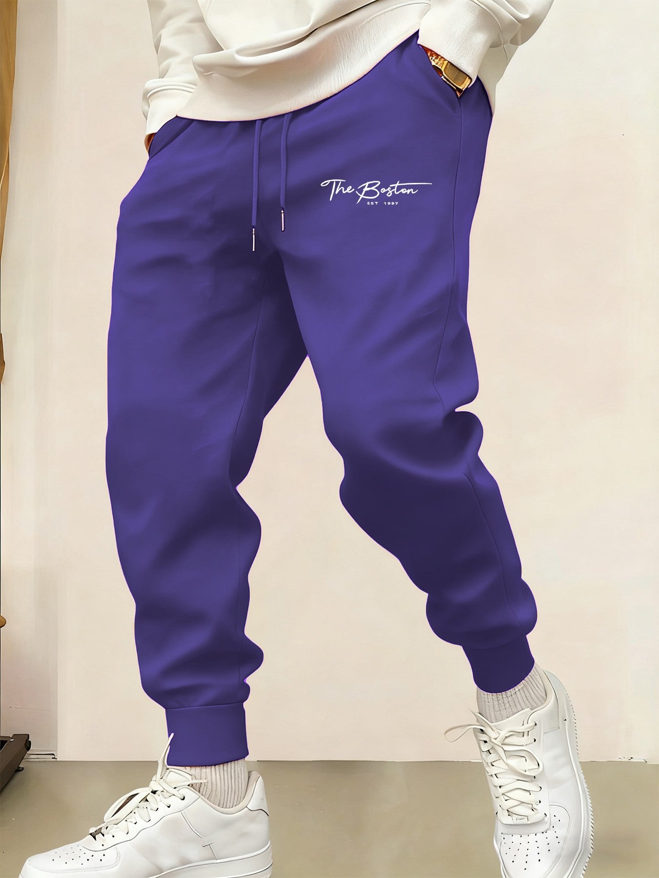 Calça de Moletom Masculina Casual com Estampa "Boston Est 1997", Cintura Elástica, Básica, Confortável, Calça de Outono, Jogging, Calça Comprida Estilo Rua