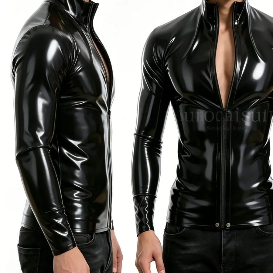 Men's Black Long Sleeve Latex Jacket Shirt Zip Up Mock Neck Slim Fit Rubber Top Club Party Stage Cosplay