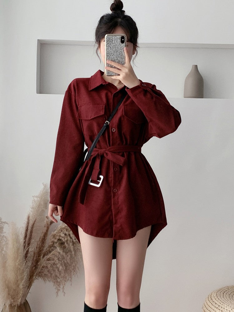 Women Spring Autumn Shirts Retro Cargo Style Pockets Long-Sleeved Shirt Puff Sleeve Bandage Nipped Waist Tops Female PL438
