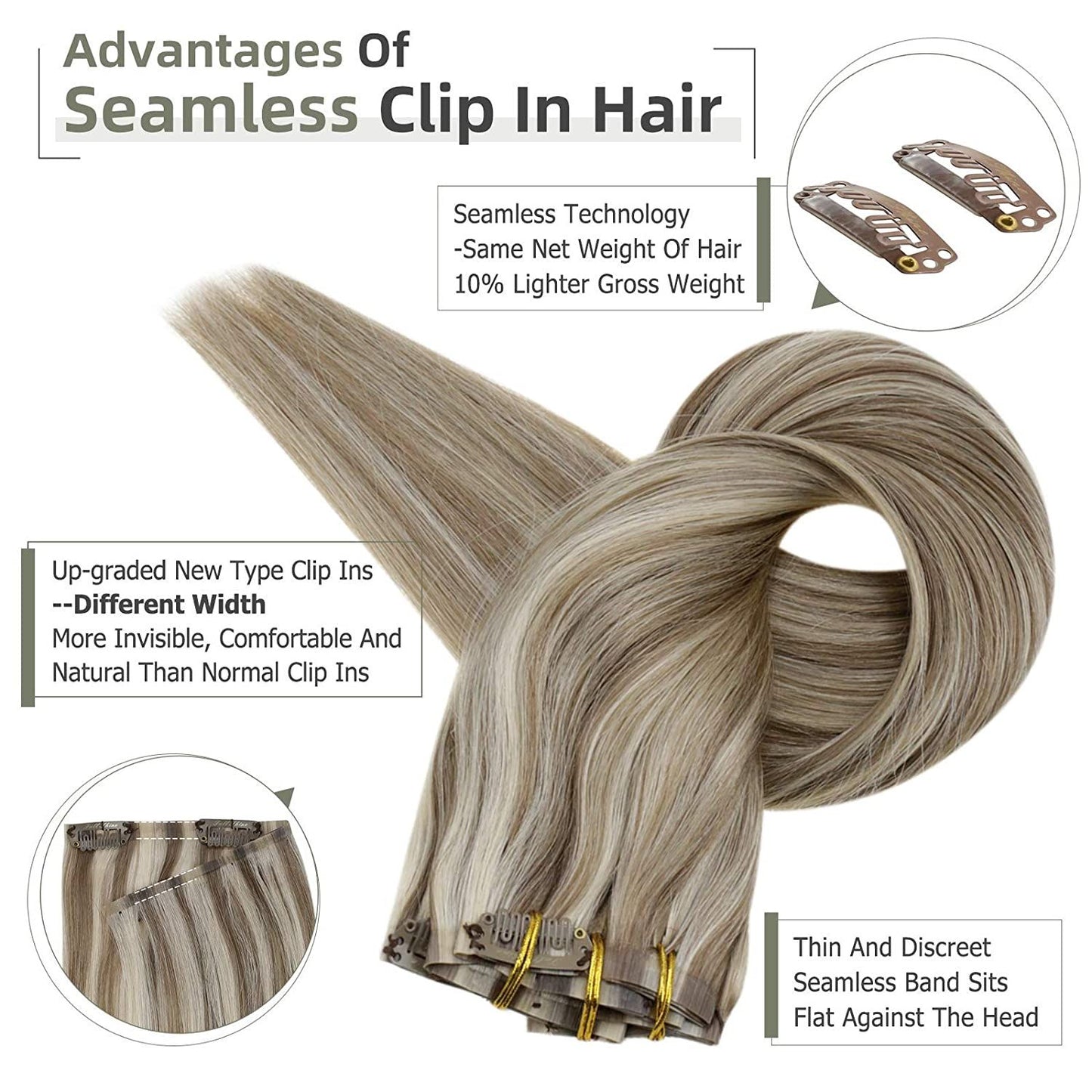 Full Shine PU Clip Hair Extensions Cabelo Humano Remy 100g Extensões Invisíveis Sem Costura de Cabelo Humano Clip-In Cor Balayage Loiro