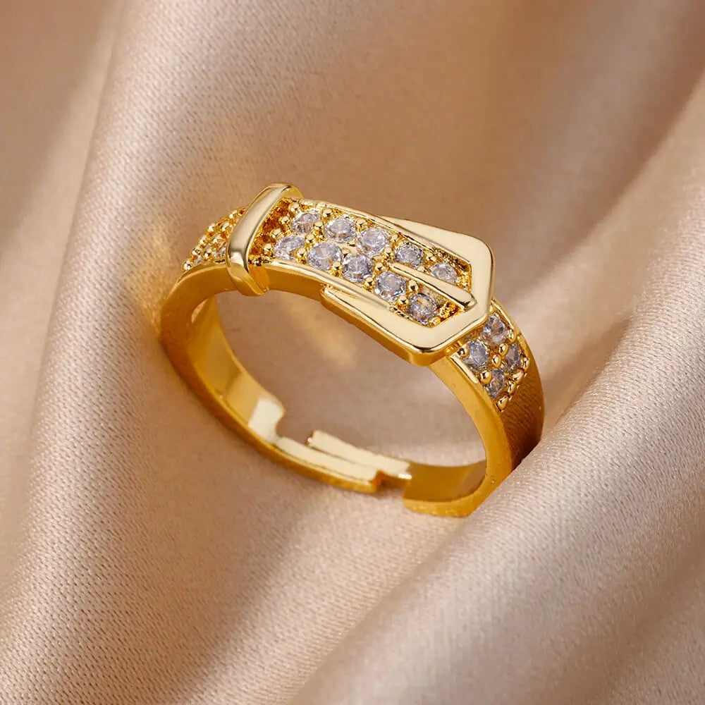Anéis de Aço Inoxidável Banhados a Ouro com Cristal para Mulheres Corrente Geométrico Zircônia Anel de Dedo Joia Presente anillos mujer 2025 Novo e Moderno