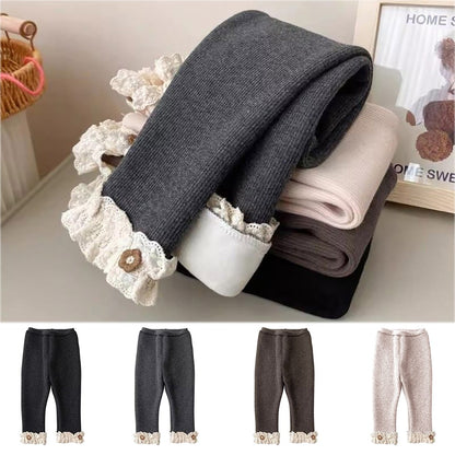 Girls Slim Fit Leggings Kids Cozy Fleece Lined Winter Pants with Decorative Lace Edging Children Outdoor Wear Clothing