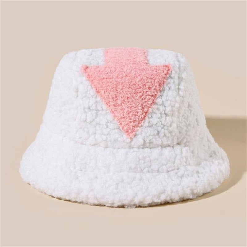 Women Appa Bucket Hat Lamb Wool Hat Winter Warm Fishing Caps Faux Fur Arrow Symbol Printed Bucket Hat for Men Tide Flat Top Hats