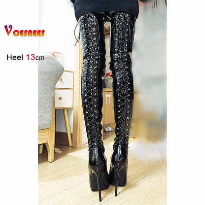 13CM Thin Heel Black Lace-up Over the knee Boots Woman Fetish Pointy Toe Boots Elastic Leather Thigh High Sexy Women Party Shoes