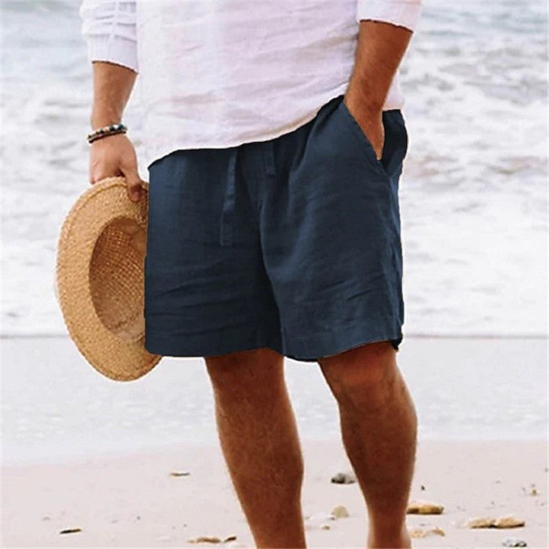 2025 New Summer New Men's Cotton Linen Breathable Shorts Hawaii Beach Pants Male Solid Color Trousers Loose Versatile Streetwear