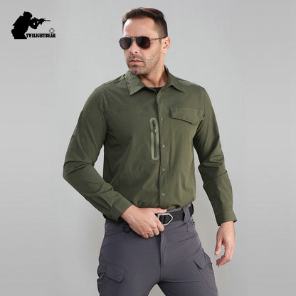 Stretch Men's Shirt Multiple Pockets Quick Drying Shirts High Quality Male Elastic Tooling Shirt Men Clothing Casual Shirts AF54