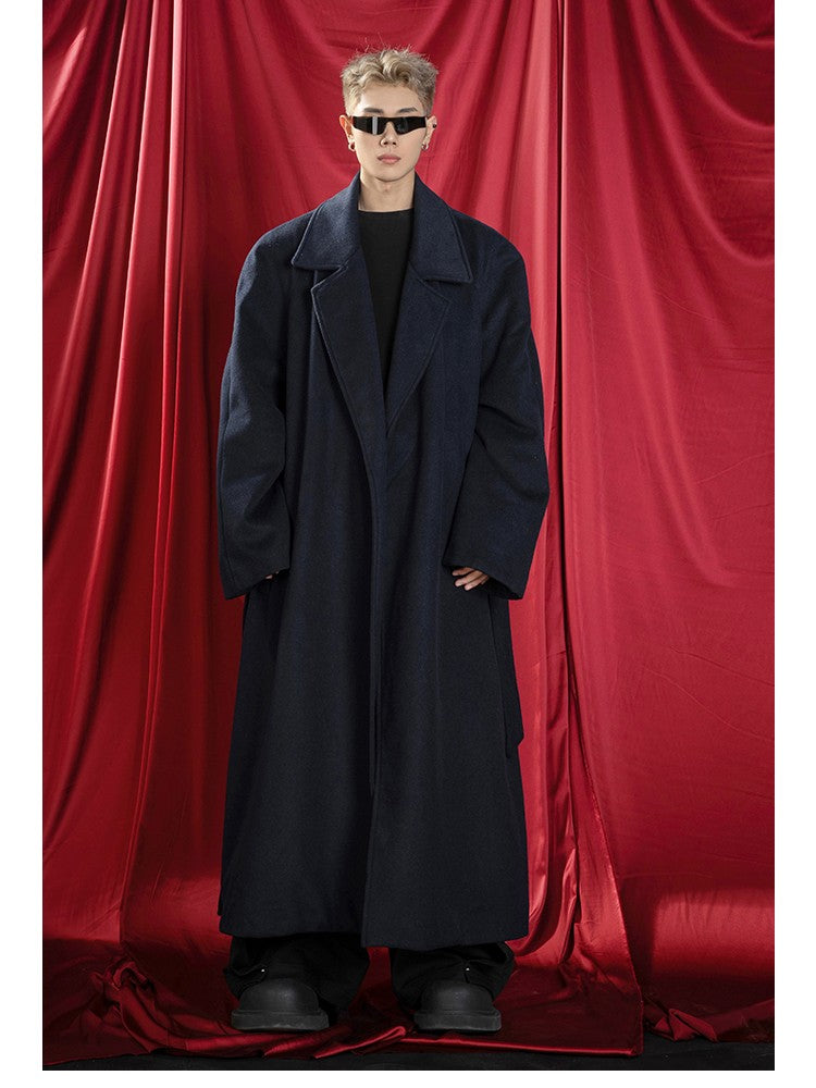 Mauroicardi Autumn Winter Oversized Extra Long Warm Navy Blue Wool Blends Coat Men Loose Luxury Designer Woolen Overcoat 2024