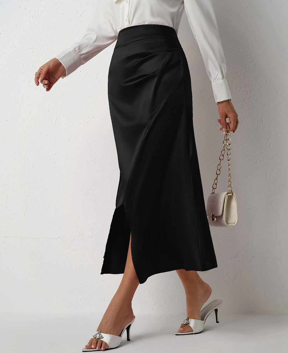 Nighpha Women's Elegant Satin Skirts High Waisted Flared Casual Work Office Fishtail Midi Skirt