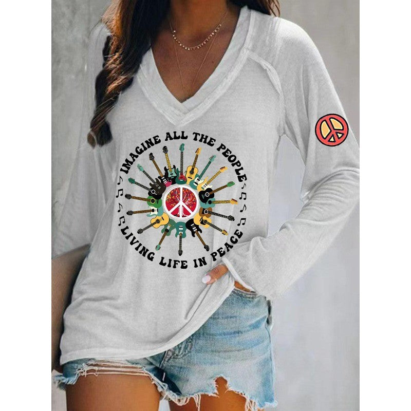 Ilstile Women's Hippie Style Print T-Shirts Spring Summer Long Sleeve V Neck Tops Casual Loose Tees New Arrival
