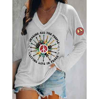 Ilstile Women's Hippie Style Print T-Shirts Spring Summer Long Sleeve V Neck Tops Casual Loose Tees New Arrival