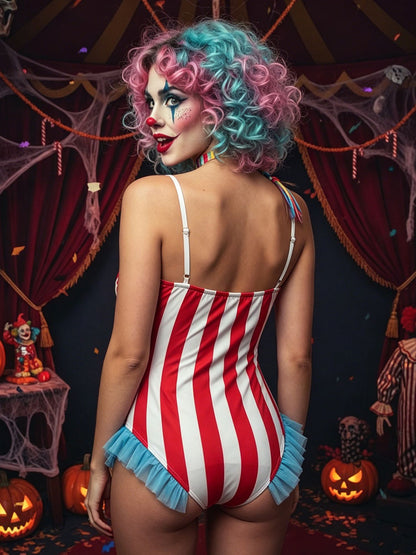 Women's Carnival Bodysuit Sleeveless Stripes Print Leotard Tops Playsuits Halloween Cosplay Costume