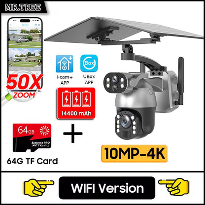 50XZOOM Solar Camera 4G SIM/WiFi Dual Lens Outdoor Security Camera with Night Vision,Waterproof Wireless Surveillance for Garden