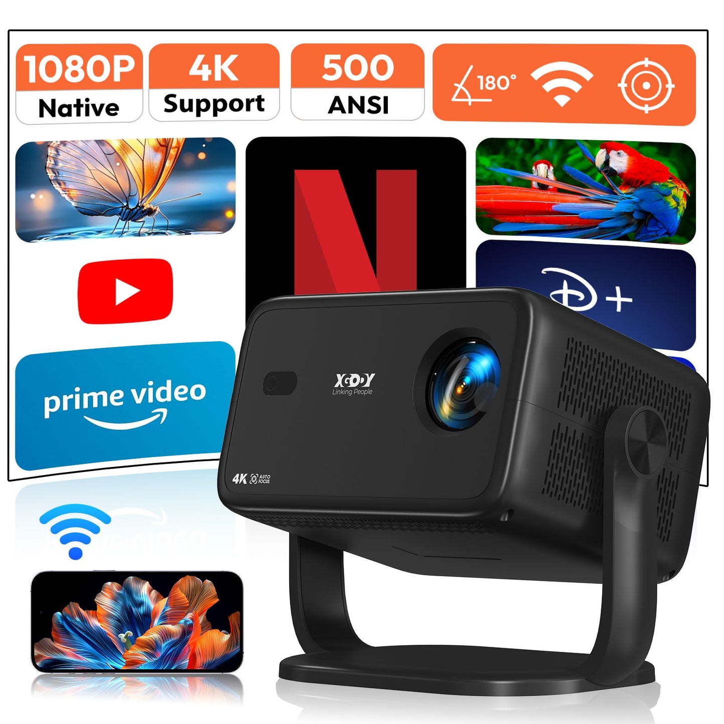 XGODY 4K Native 1080P WiFi6 Android Projector 18000lumen Voice Control AI Auto Focus HD Home Theater Cinema