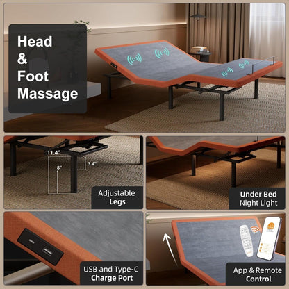 Base Ajustável para Cama Box com Massageador, Inclinação para Travesseiro, Inclinação Ergonômica, Gravidade Zero, Porta USB Dupla, Luz Noturna