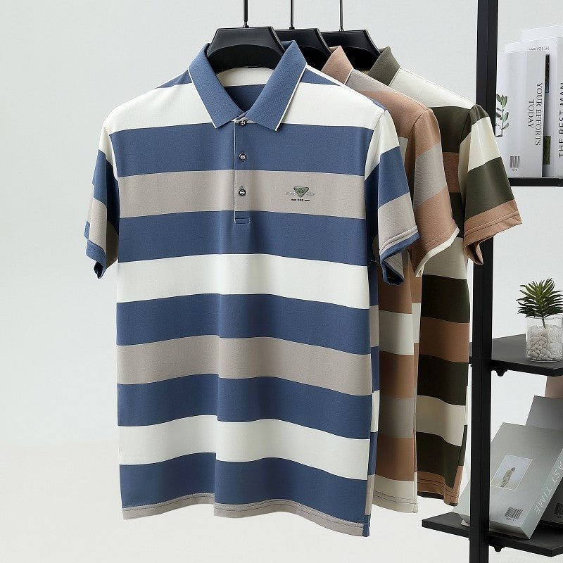 luxury wide stripe color blocked short sleeve polo shirt high-end brand letter embossed T-shirt fashion breathable men's wear