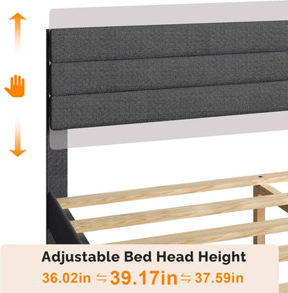 King Size Bed Frame and Headboard,Panel Soft Bed with Linen Fabric Upholstered Padding, Low Profile Bed with Durable Woo