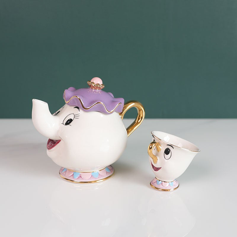 Bule de Chá Bela e a Fera Disney Fofo Desenho Animado Cafeteira Caneca Sra Potts Xícara Zip Bules de Chá Conjunto de Xícaras Decoração de Casa Enfeite Presente