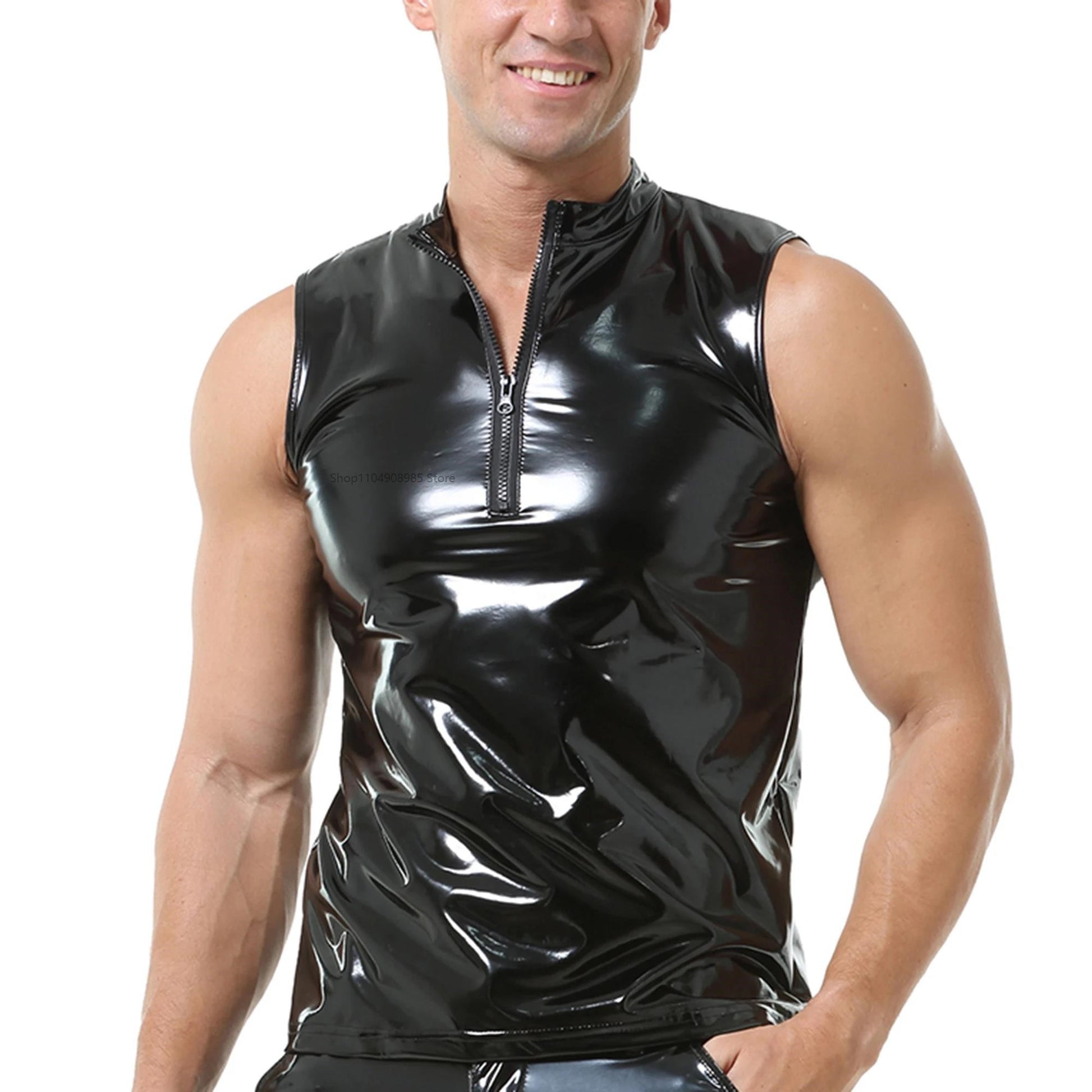 Mens Sexy Shiny PVC Leather Tank Top Vest Erotic Glossy Wet Look Leather T-Shirt Sleeveless Shaping Tank Top Vest Night Clubwear