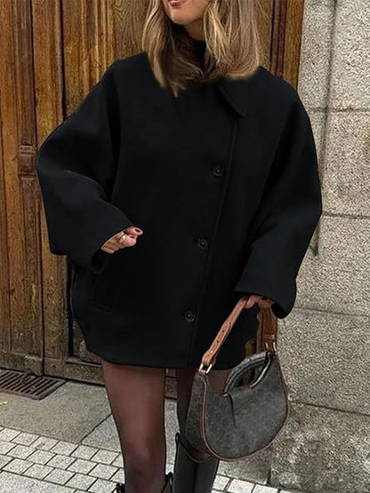 Women's Oblique Button Loose Batwing Sleeve Jacket Coat Lapel Double Pocket Warm Solid Vintage Outerwear Fall Winter Coat