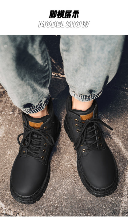 Botas masculinas de cano alto para as quatro estações, sapatos de trabalho ao ar livre antiderrapantes e confortáveis, botas amarelas de couro casuais britânicas da moda