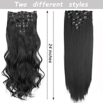 7 peças/conjunto de aplique de cabelo com 16 grampos, preto, longo e liso, cabelo natural, aplique de cabelo ombre, fibra resistente ao calor para penteado feminino