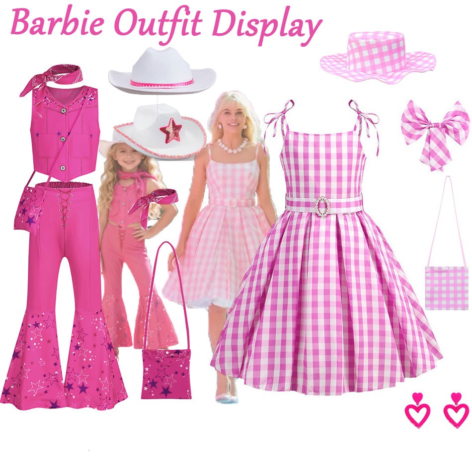 Halloween Hot Movie Margot Robbie Cosplay Baby Pink Plaid Sleeveless Slim Strap Dress Western Cowboy Outfit Full Set