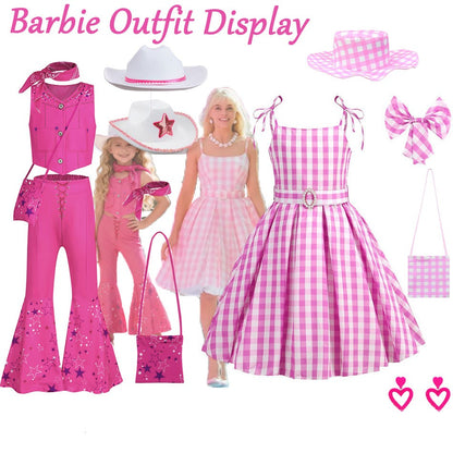 Halloween Hot Movie Margot Robbie Cosplay Baby Pink Plaid Sleeveless Slim Strap Dress Western Cowboy Outfit Full Set