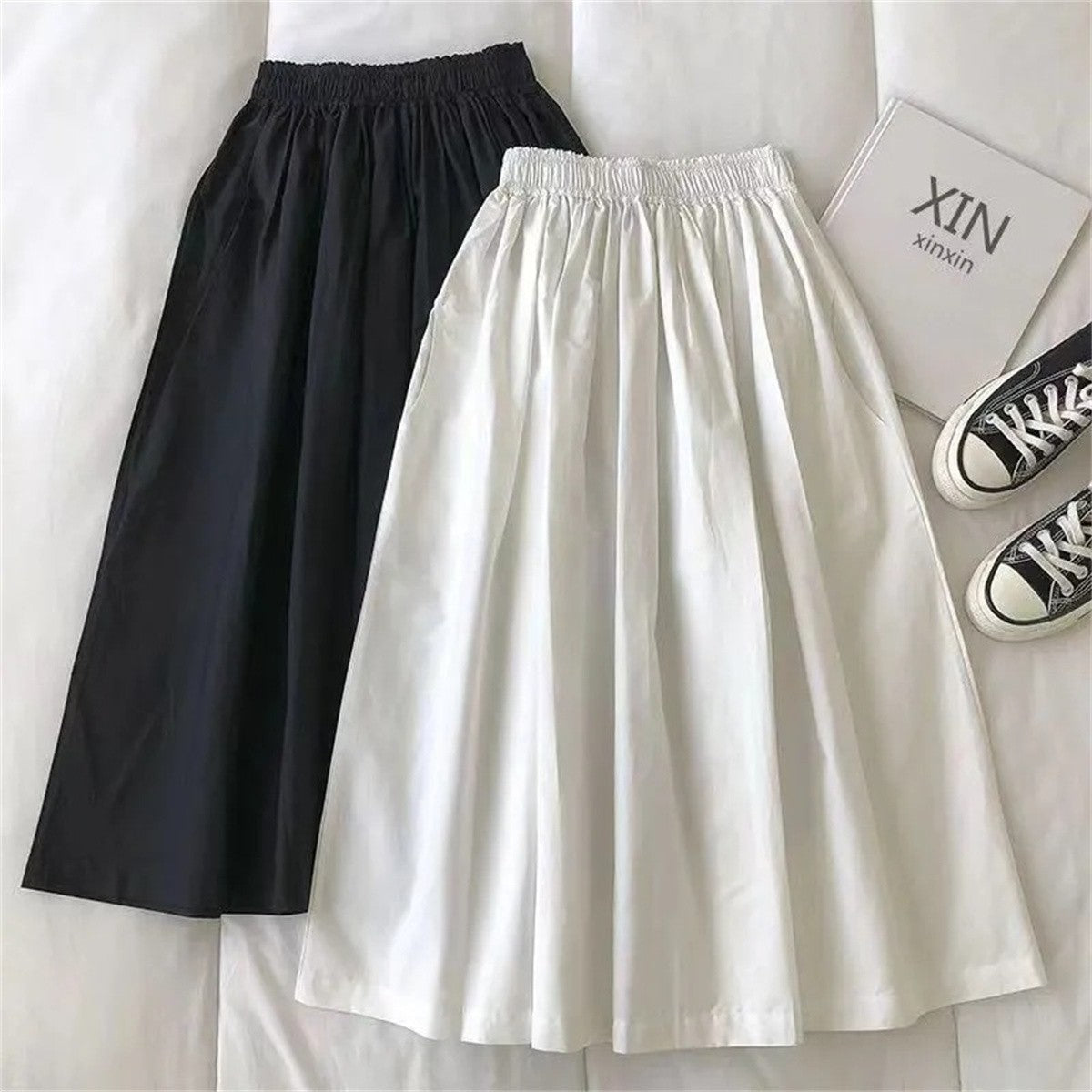 Women Solid Long Skirt Fashion Pockets Pleated Knee Length Skirts Autumn 2025 New Casual Elegant High Waist A Line Femme Skirts