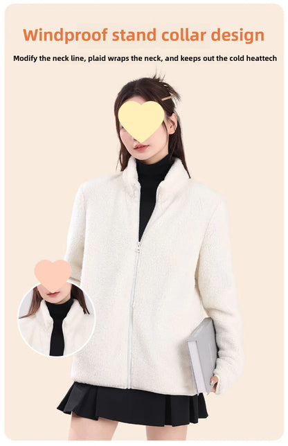 Women's Double-Sided Fleece Jacket Grey Warm Stand-Collar Thick Winter Outerwear Trendy Sweatshirt Style Casual Loose Fit