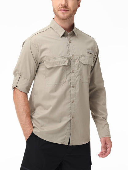 Summer Men's UPF 50+ Casual Long Sleeve Fishing Shirts, Lightweight Tactical Button Down Shirt with Breathable Back Mesh